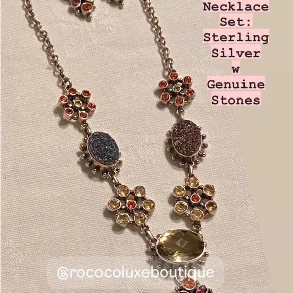 Nicky Butler SET sterling 925 w genuine stones earrings & necklace druzy vintage